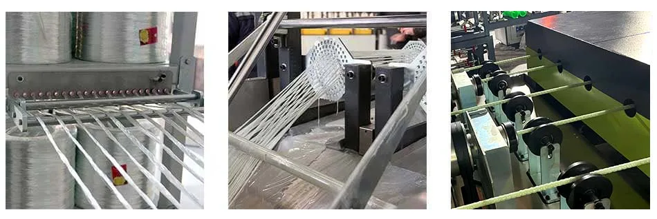 Fiber creel, preforming guides and winding details on a GFRP rebar line